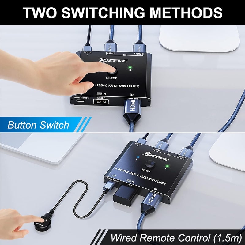 MLEEDA USB C KVM Switch 4K@60Hz, KVM Switch USB C for 2 Laptops Share Single HDMI Monitor and Keyboard Mouse,Compatible with Windows,Mac OS,Wired Remote and USB Power Cord Included - Image 5